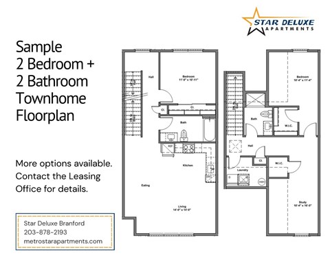 A floor plan for a 2 bedroom, 2 bathroom townhome from Star Deluxe Apartments.